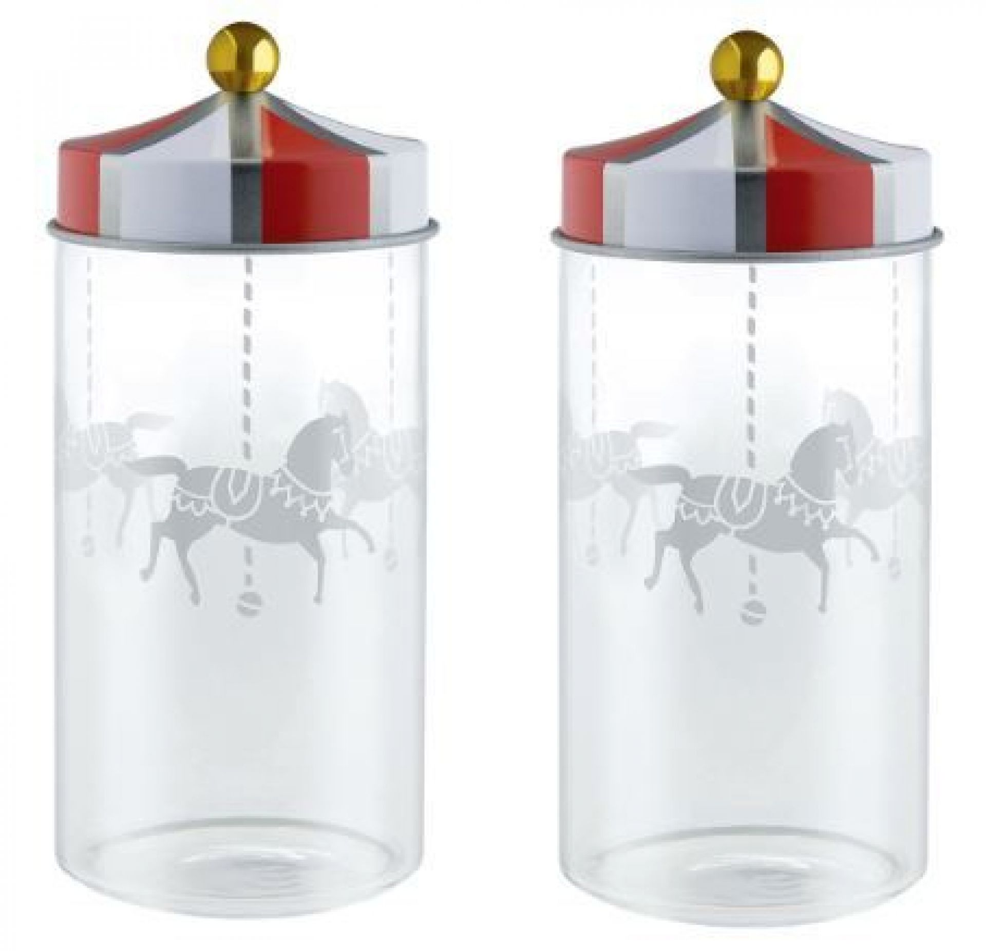 Zwei Alessi Circus Gewürzbehälter mit Karussell-Motiv, rot-weiß gestreiftem Deckel und goldenem Knauf.